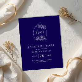 Elegant Boho Leaf Monogram Blue and White Wedding Save The Date