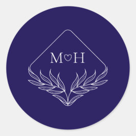 Elegant Boho Leaf Monogram Dark Blue Wedding Runder Aufkleber