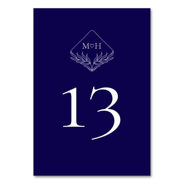 Elegant Boho Leaf Monogram Dark Blue Wedding Tischnummer (Vorderseite)