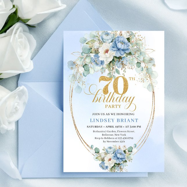 Elegant Boho Light Blue Flowers Gold 70th Birthday Einladung (Elegant Boho Light Blue Flowers 70th Birthday Invite)