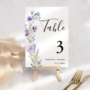 Elegant Boho Lila Wildblume Hochzeit Tischnummer
