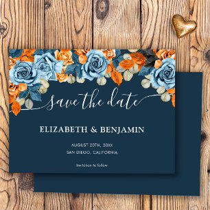 Elegant Boho Navy Blue and Rust Terracota Wedding Save The Date