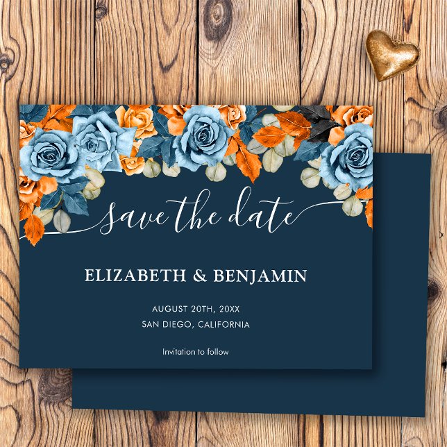 Elegant Boho Navy Blue and Rust Terracota Wedding Save The Date (Von Creator hochgeladen)