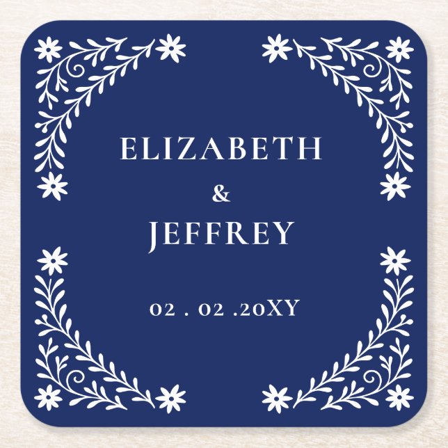 Elegant Boho Navy Floral Wedding Rechteckiger Pappuntersetzer (Vorderseite)