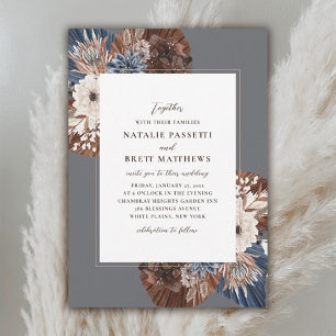 Elegant Boho Navy und Brown Florals Wedding Einladung
