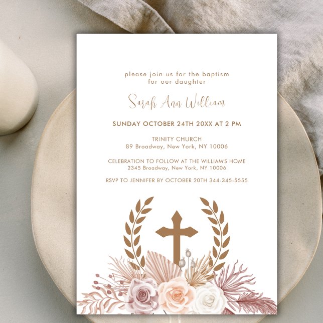 Elegant Boho Pampas Blumenkreuz Taufe Einladung (Elegant Boho Pampas Floral Cross Wreath Baptism Invitation)