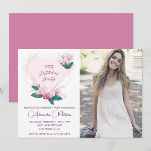 Elegant Boho Pink Floral Foto 39. Geburtstag Einladung