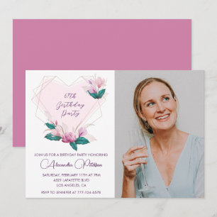 Elegant Boho Pink Floral Foto 67. Geburtstag Einladung