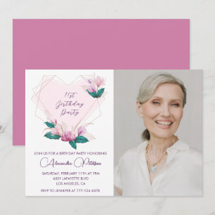 Elegant Boho Pink Floral Foto 71. Geburtstag Einladung