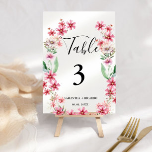 Elegant Boho Pink Wildblume Wedding Tischnummer
