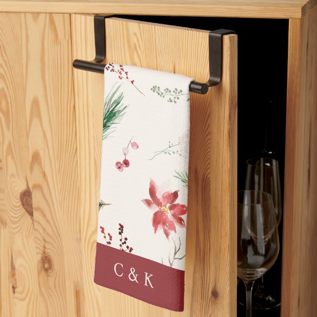 Elegant Boho Poinsettia Grün Weihnachten Winter Geschirrtuch (Drittel gefaltet)