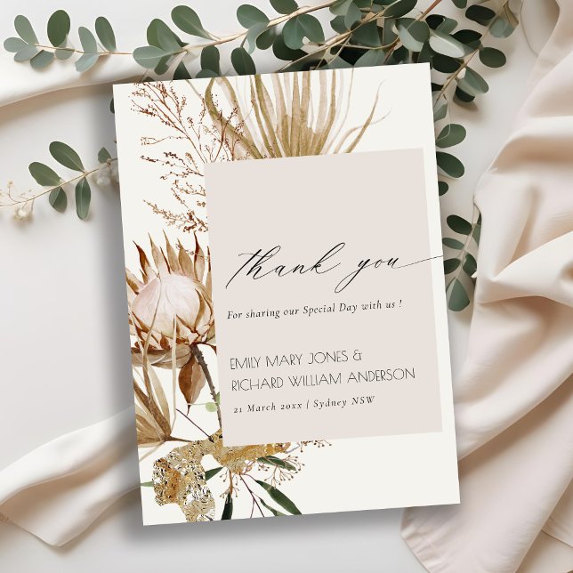Elegant Boho Protea Dried Palm Floral Wedding Dankeskarte (Von Creator hochgeladen)
