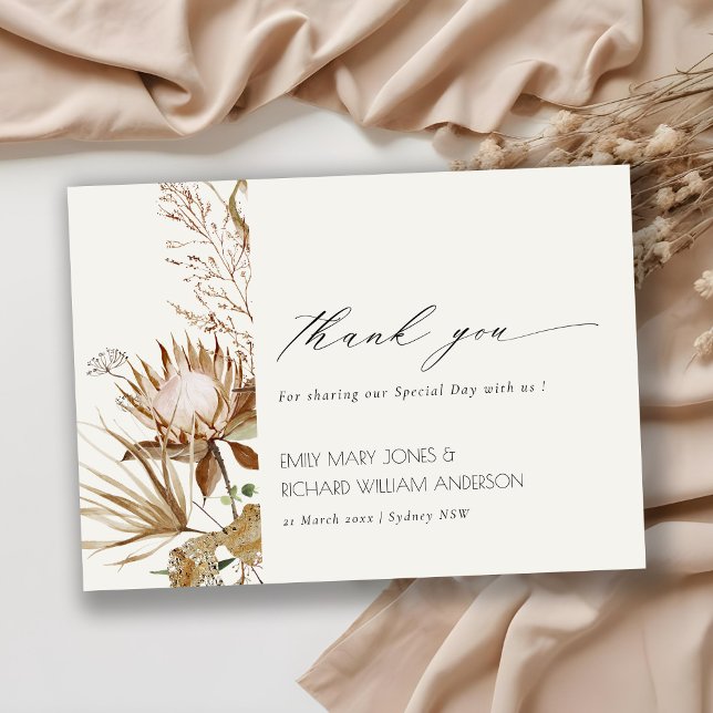 Elegant Boho Protea Dried Palm Floral Wedding Dankeskarte (Von Creator hochgeladen)