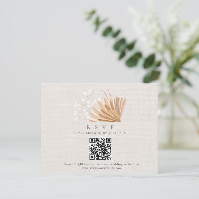 Elegant Boho QR Code Wedding RSVP Begleitkarte (Stehend Vorderseite)