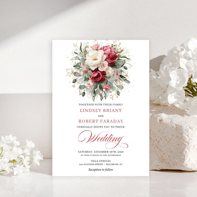 Elegant Boho Red White Greenery Wedding Invitation Einladung (Elegant Boho Red White Greenery Wedding Invitation)