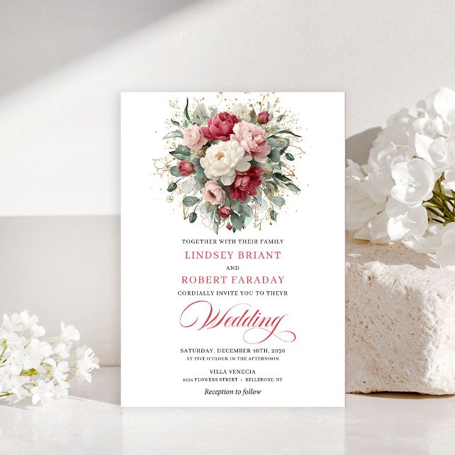Elegant Boho Ruby Red Blush Greenery Invitation Einladung (Elegant Boho Ruby Red Blush Greenery Invitation)