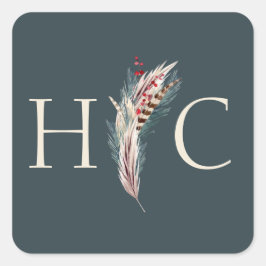 Elegant Boho Rustic Pampas & Pine Green Tan Red Quadratischer Aufkleber