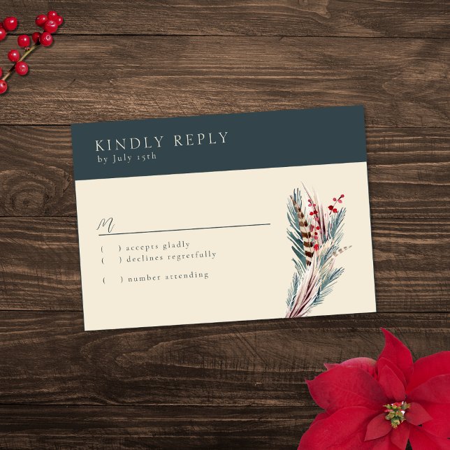 Elegant Boho Rustic Pampas & Pine Green Tan Red RSVP Karte (Von Creator hochgeladen)