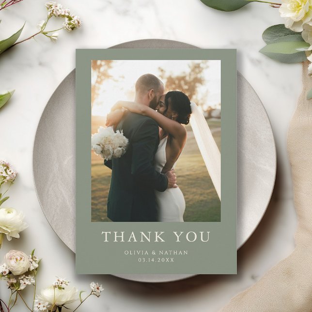 Elegant Boho Sage Green Photo Wedding Dankeskarte (Von Creator hochgeladen)
