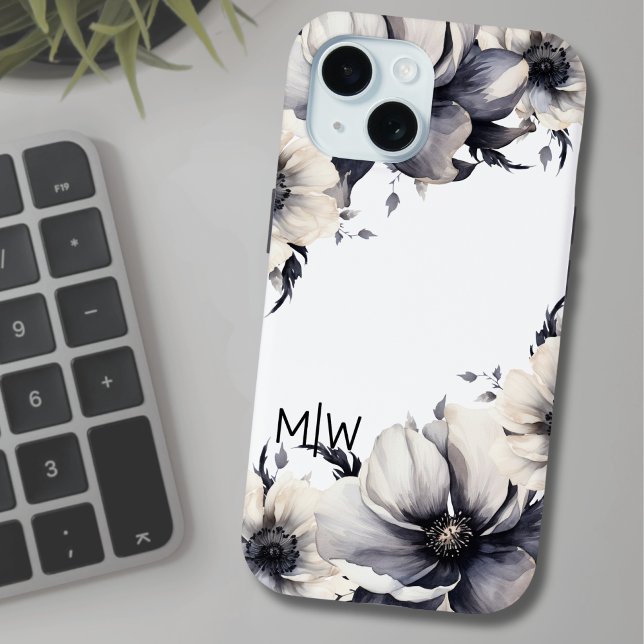 Elegant Boho Schwarz-weiß Floral Monogram Case-Mate iPhone Hülle (Elegant Modern Floral Black White Initial Monogram Case-Mate iPhone Case)