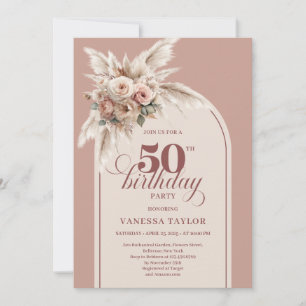 Elegant Boho Staubrosa Pampas Blumen 50 Geburtstag Einladung