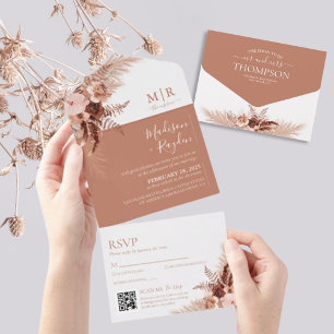 Elegant Boho Terracotta Pampas QR Code Wedding All In One Einladung