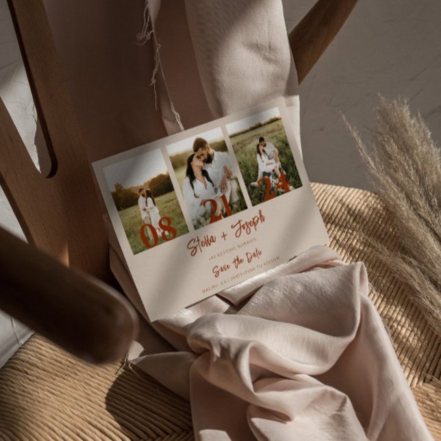 Elegant Boho Terrcaotta Moderne 3 Fotos Hochzeit Save The Date (Von Creator hochgeladen)