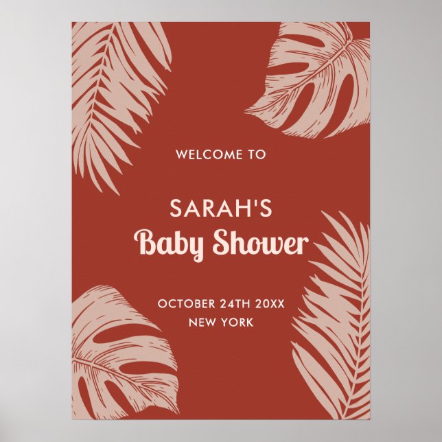 Elegant Boho Tropical Blätter Baby Dusche Willkomm Poster (Vorne)