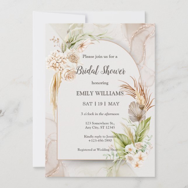 Elegant Boho Tropical Pampas Grass Bridal Shower Einladung (Vorderseite)