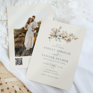 Elegant Boho Vintag Floral QR Code Foto Hochzeit Einladung