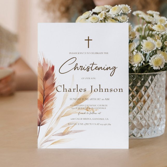 Elegant Boho Wasserfarbe Pampas Fall Son Taufe Einladung (Von Creator hochgeladen)