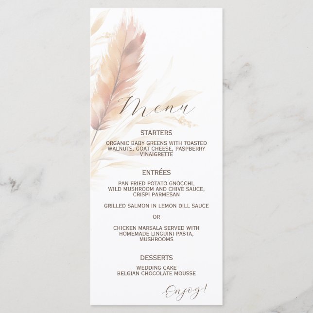 Elegant Boho Watercolor Pampas Hochzeit im Herbst Menükarte (Vorderseite)