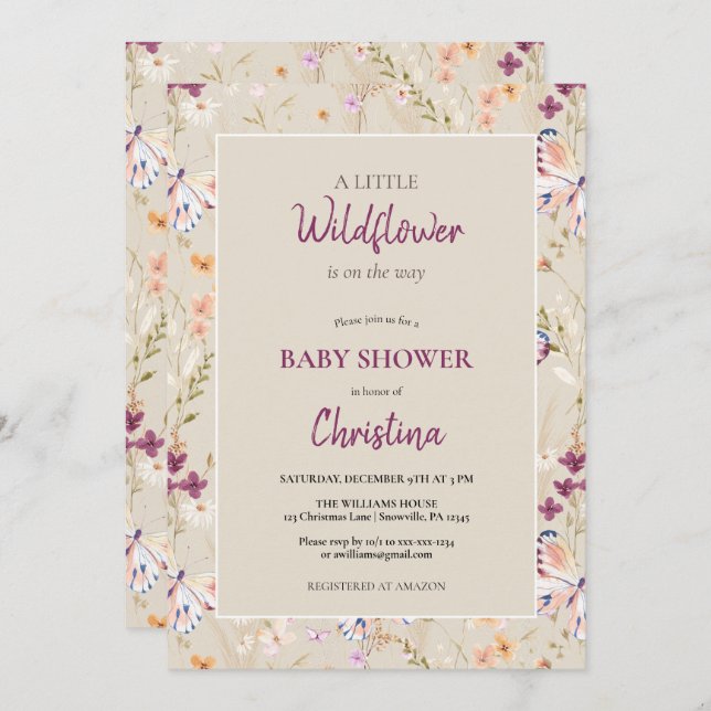 Elegant Boho Watercolor Wildblume Baby Shower Einladung (Vorne/Hinten)