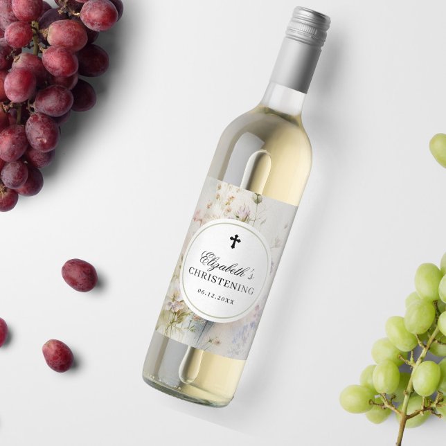 Elegant Boho Watercolor Wildflowers Christening Weinetikett (Von Creator hochgeladen)
