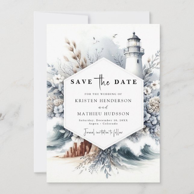 Elegant Boho Waves Lighthouse Wedding Save The Date (Vorderseite)