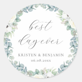 Elegant Boho Weiße Blumengrün Gastgeschenk Hochzei Runder Aufkleber