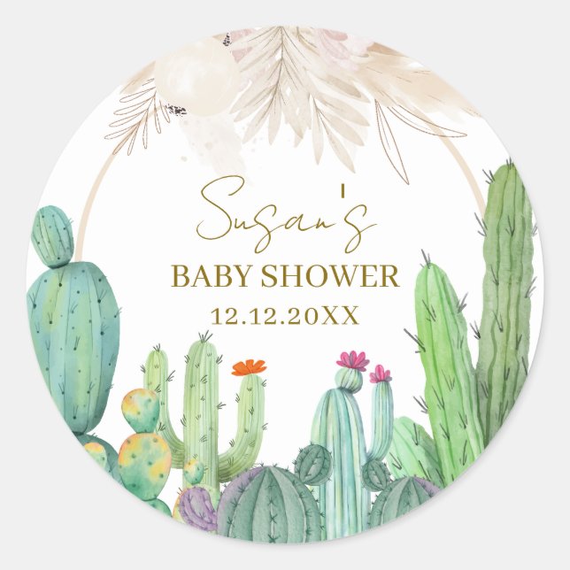 Elegant Boho Western Cactus Arch Baby Shower Runder Aufkleber (Vorderseite)