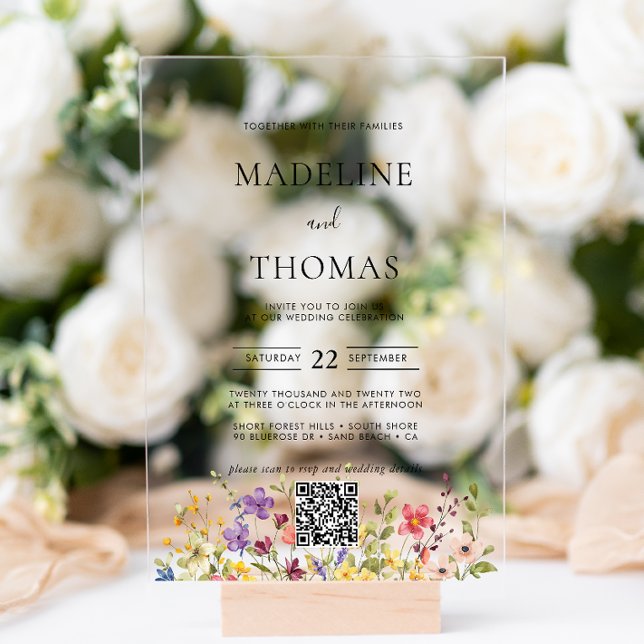 Elegant Boho Wild Blume Foto QR Code Wedding Acryleinladungen (Von Creator hochgeladen)