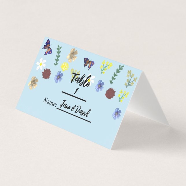 Elegant Boho Wildblume Blue Platzkarten (Vorderseite)