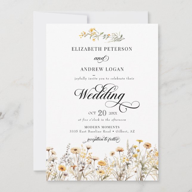 Elegant Boho Wildblume Calligraphy Wedding Einladung (Vorderseite)