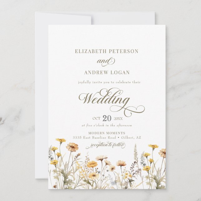 Elegant Boho Wildblume Calligraphy Wedding Einladung (Vorderseite)