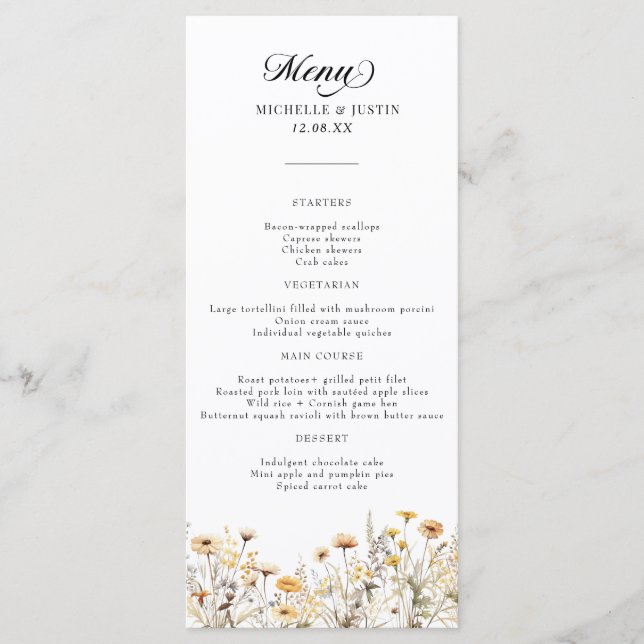 Elegant Boho Wildblume Calligraphy Wedding Menükarte (Vorderseite)