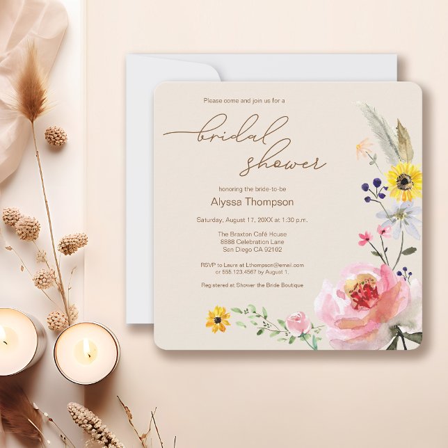 Elegant Boho Wildblume Floral Brautparty Einladung (Boho wildflower watercolor bridal shower invitation template.)
