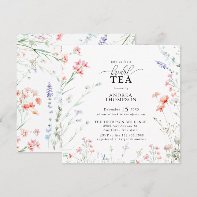Elegant Boho Wildblume Floral Bridal Tea Einladung (Vorne/Hinten)