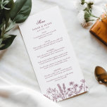 Elegant Boho Wildblume Lila Burgundy Wedding Menükarte<br><div class="desc">Genießen Sie Ihren besonderen Tag mit unserem atemberaubenden Boho Wildblume Wedding Menu, das exquisit auf Ihre romantische Feier abgestimmt ist. Dieses Menü bietet eine delikate Anordnung handbemalter Wildblumen in lila und bordeauxfarbenen Tönen, die ein bezauberndes botanisches Ambiente schaffen, das das Wesen der boho Eleganz einfängt. Die farbenfrohe Farbpalette harmoniert mit...</div>
