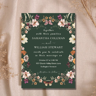 Elegant Boho Wildblume Moderne Dunkelgrüne Hochzei Einladung