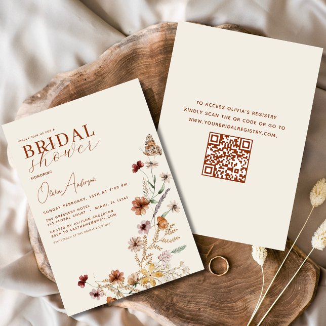 Elegant Boho Wildblume QR Code Brautparty Einladung (Von Creator hochgeladen)