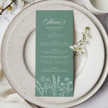 Elegant Boho Wildblume Spring Green Wedding Menükarte<br><div class="desc">Erhöhen Sie Ihren Empfang mit unserem eleganten Boho Wildblume Spring Green Wedding Menu. Dieses Design mit feinen, weißen Wildblumen auf frischem Federgrün verbindet natürliche Schönheit mit zeitloser Eleganz. Ideal für Hochzeiten im Garten oder im Frühjahr, präsentiert es Ihr kulinarisches Angebot und ergänzt Ihr Dekor. Passen Sie Ihre Menüdetails an, um...</div>