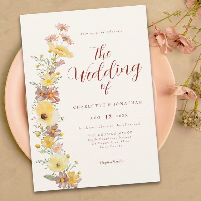 Elegant Boho Wildblume Wedding Einladung (Boho chic wildflower yellow burnt orange peach wedding invitation )