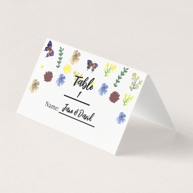 Elegant Boho Wildblume Weiße Platzkarten (Vorderseite)